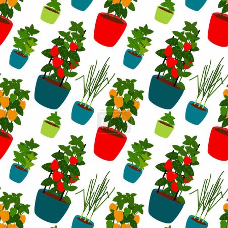 A seamless pattern featuring various greenhouse-grown plants in colorful pots. Hand-drawn flat vector illustration.