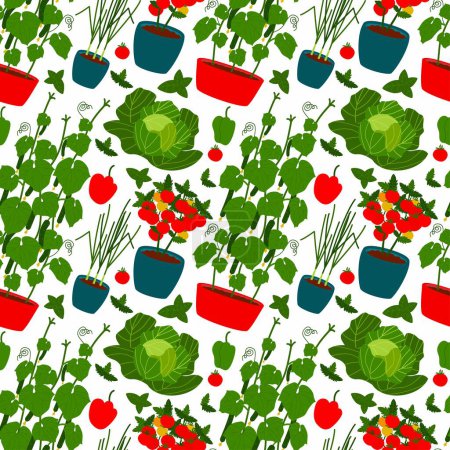 Un patrón sin costuras con varias plantas cultivadas en invernadero en macetas de colores. Ilustración vectorial plana dibujada a mano.