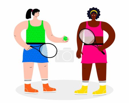 Eine lebhafte Illustration mit zwei aktiven Frauen, die kurz davor stehen, Tennis zu spielen. Die Illustration ist handgezeichnet und in einem flachen Vektorstil erstellt, um Menschen darzustellen. Isoliert auf weißem Hintergrund.