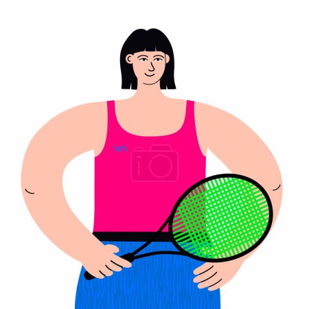 Eine lebhafte Illustration einer aktiven Frau, die kurz davor steht, Tennis zu spielen. Die Illustration ist handgezeichnet und in einem flachen Vektorstil erstellt, um Menschen darzustellen. Isoliert auf weißem Hintergrund.