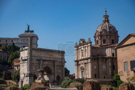 A vibrant summertime scene in Rome, featuring several iconic landmarks. 