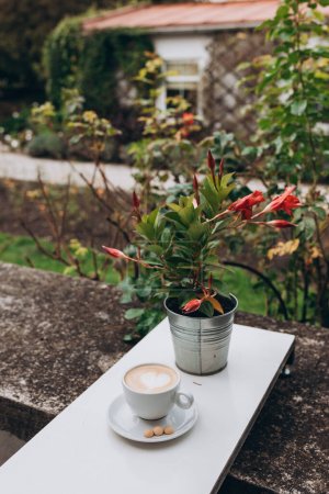 One cup of cappuccino with latte art on small table, white ceramic cup, place for text. Terrace with a table in a cafe or at home, Potted flowers