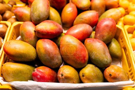 Fresh colorful tropical mangoes on display at outdoor farmers market. Ripe fruits on open market. Healthy and food concept.