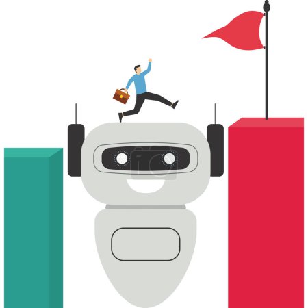 Große Roboterhände helfen Geschäftsleuten, Problemlösungen zu finden. Unterstützung von KI zur Problemlösung, Chat-Bot mit ai, um zum Erfolg des Teams beizutragen. Zusammenarbeit mit einer Maschine oder einem automatisierten System. Vektor