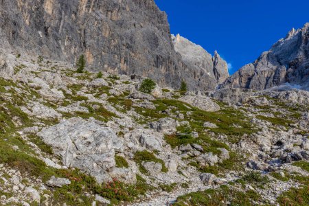 Dolomiti Alpes hermoso paisaje de montaña. Torre rocosa de cumbres alpinas en los Dolomitas. Vista panorámica de la montaña de verano en el sendero de senderismo en el verde valle de la montaña y el cielo azul con nubes