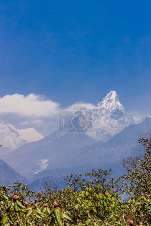 Annapurna South, Mardi Himal and Machapuchare mountain summits snow peaks in Himalayas range, Nepal. Scenic beautiful mountain landscape on the trekking path to Annapurna Basce camp hike