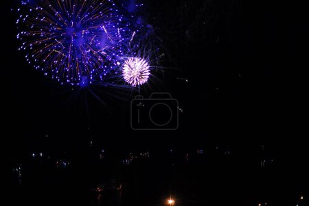 A vibrant spectacle of fireworks lighting up the dark night sky, a beautiful display of colors and lights creating a mesmerizing scene