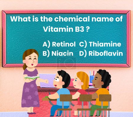 Lehrer fragt Schüler im Klassenzimmer nach dem chemischen Namen von Vitamin B3