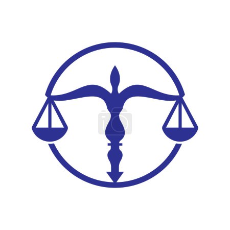 Gesetz-Logo-Vektor mit richterlichem Gleichgewicht symbolisiert die Gerechtigkeitsskala in einer Federfeder.