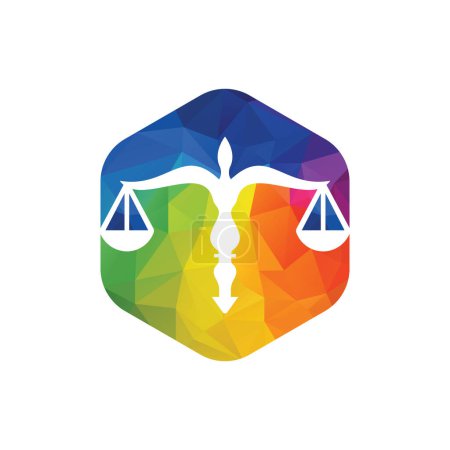 Gesetz-Logo-Vektor mit richterlichem Gleichgewicht symbolisiert die Gerechtigkeitsskala in einer Federfeder.