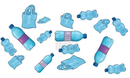 Ilustración vectorial detallada de residuos plásticos: botellas de plástico, bolsas y contenedores, diagrama científico etiquetado sobre fondo blanco