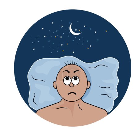 Ilustración vectorial detallada y etiquetada del insomnio que representa a una persona débil que lucha por dormir, sobre el fondo blanco de la educación médica, la investigación del trastorno del sueño y las ciencias de la salud