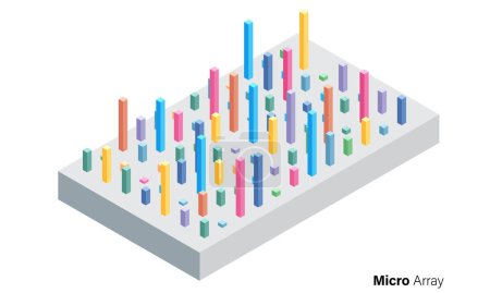 Microarray Chip with Attached DNA Illustration vectorielle détaillée pour la recherche génomique, la biologie moléculaire, la biotechnologie et l'éducation aux sciences de la santé sur fond blanc.