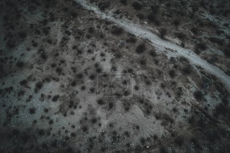 Cette photographie aérienne intrigante capture la beauté brute et accidentée d'un paysage désertique au Nevada. L'image montre un sentier naturel serpentant à travers le terrain aride, parsemé de végétation clairsemée et de parcelles de terre nue. Le sourd, le c?ur