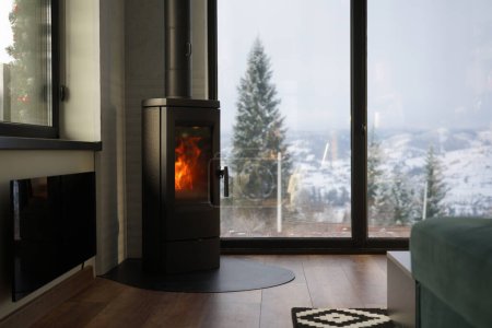 Foto de Moderna chimenea y calentador de vidrio en una acogedora casa con vistas a la montaña nevada - Imagen libre de derechos