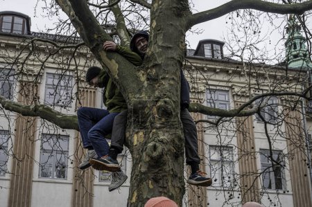 Téléchargez les photos : Copenhague, Danemark. 14 janvier 2024. Deux garçons grimpent à un arbre pour voir la proclamation au Palais Christiansborg. - en image libre de droit