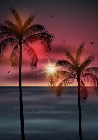 Téléchargez les illustrations : Illustration vectorielle de la silhouette des palmiers avec mouettes dans le ciel sur fond d'été - en licence libre de droit