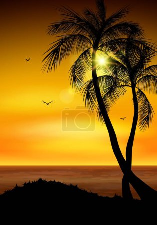 Illustration for Vector illustration of Palm trees silhouette with seagulls in the sky on summer background - Royalty Free Image