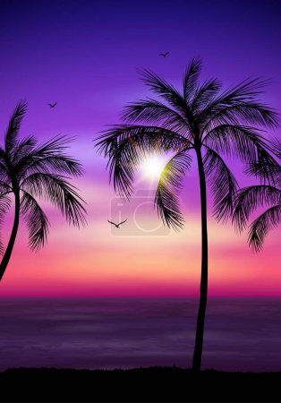Ilustración de Ilustración vectorial de la silueta de palmeras con gaviotas en el cielo sobre fondo de verano - Imagen libre de derechos
