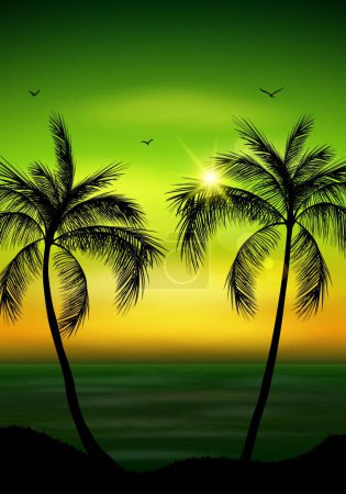 Illustration for Vector illustration of Palm trees silhouette with seagulls in the sky on summer background - Royalty Free Image