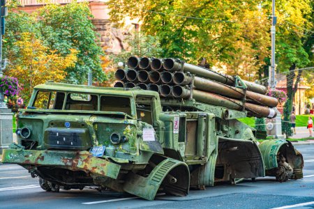 Photo for Kyiv, Ukraine - August 21,2023:A burnt-out Russian MLRS Hurricane is shown in Kyiv. - Royalty Free Image