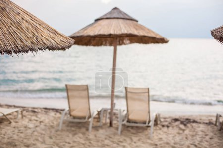 Photo for Beautiful tropical beach with white sand and palapa (thatched roof) in the Caribbean, Mexico. Summer beach background. - Royalty Free Image