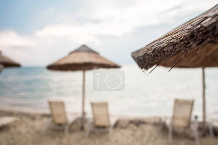Photo for Beautiful tropical beach with white sand and palapa (thatched roof) in the Caribbean, Mexico. Summer beach background. - Royalty Free Image
