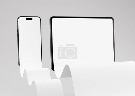 Pantalla de tablet y smartphone de desplazamiento largo, uso para maqueta de presentación de diseño