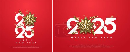 Happy new year 2025 design, With illustration of paper numbers on red background and gift ribbon. Premium simple design vector background Happy New Year 2025.