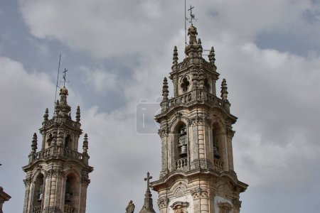 Towers of the Sanctuary of Nossa Senhora dos Remedios at the top of the baroque staircase above Lamego in Portugal