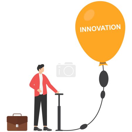 Téléchargez les illustrations : Deux hommes d'affaires ou entrepreneurs soufflent des ballons avec le mot innovation, entreprise d'innovation, idée, solutions. - en licence libre de droit
