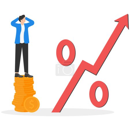 Impact of inflation on income, unfair wage compared to rising inflation, government failure in finance concept. Businessman standing on short coin stack looking at giant red rising percentage sign.