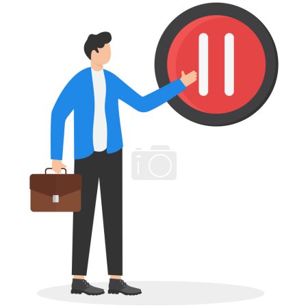 Temporary suspension of business activity due to economic recession or financial crisis, entrepreneur decision concept. Sad businessman owner heading down to press pause button.