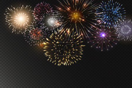 set of isolated vector fireworks on transparent background