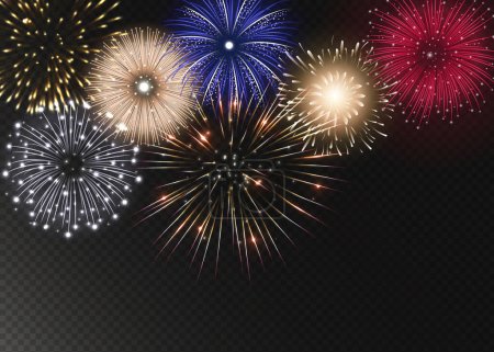 set of isolated vector fireworks on transparent background