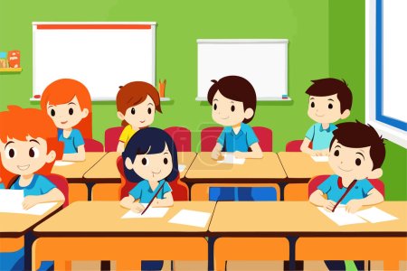 Pupils study in the classroom. School interior. Education illustration. Pupils raising hands. Back to school.
