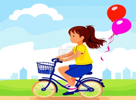 Illustration for Vector girl woman child rides bike bicycle holding colorful balloons in hand through natural landscape by green grass of lawn meadow. - Royalty Free Image