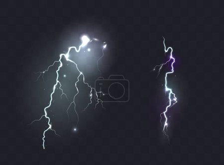 Set of the isolated realistic lightnings with transparency for design. Thunder-storm and lightnings. Magic and bright lighting effects.