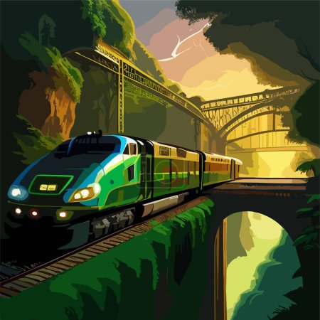 Téléchargez les illustrations : Vintage train vecteur plat design paysage illustration bannière - en licence libre de droit