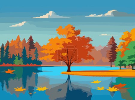 Illustration for Vector illustration Autumn landscape golden alley park of birches near a pond , contemporary art impressionism abstract landscape - Royalty Free Image