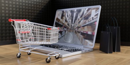 Photo for Ecommerce, online order and delivery. Supermarket cart, shopping bags and computer laptop on the floor. 3d render - Royalty Free Image