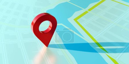 Téléchargez les photos : Pointeur de navigation GPS sur fond de carte, icône de broche de localisation rouge, voyage, direction de l'itinéraire et marqueur de position de lieu. rendu 3D - en image libre de droit