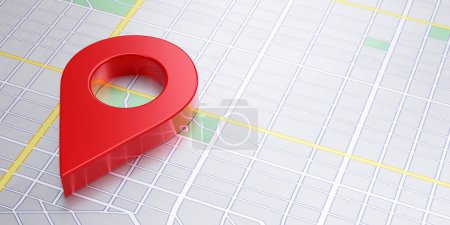 Foto de Icono de pin de ubicación en un fondo de mapa. Puntero de navegación GPS rojo, recorrido, dirección de ruta y marcador de posición de lugar. Renderizado 3D - Imagen libre de derechos