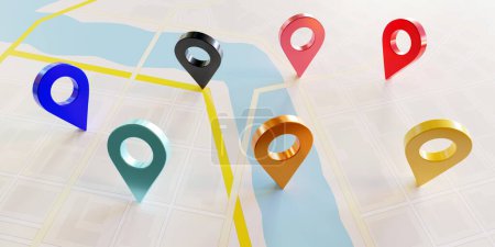 Foto de Iconos de pines de ubicación coloridos en un fondo de mapa, punteros de navegación GPS, marcadores de posición de lugar. Renderizado 3D - Imagen libre de derechos