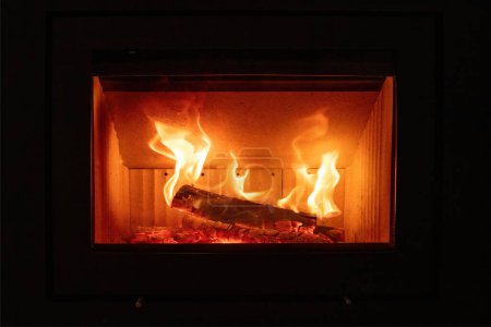 Chimenea de cerca, llama de fuego y la quema de troncos de madera, chimenea puerta de cristal. Casa cálida en invierno, vista frontal