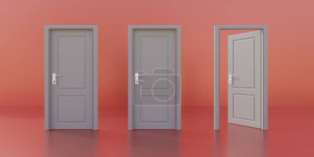 Photo for One opened and two closed doors on orange color background. Three white doorways, business opportunity concept. 3d render - Royalty Free Image