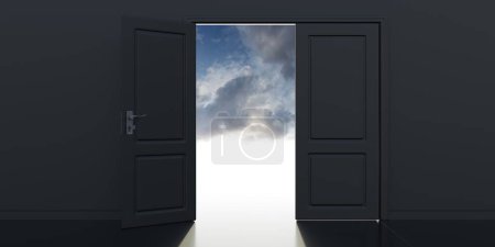 Photo for Double feaf door one open, black wall background. Cloudy sky and light enters from opening in dark room. Way out, dream, vision concept. 3d render - Royalty Free Image