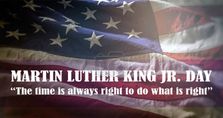 Photo for Martin Luther King Jr. Day celebration. MLK quote, Text on US flag background. The time is always right to do what is righ - Royalty Free Image