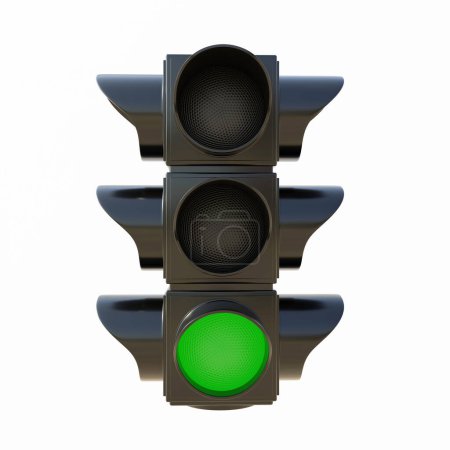 Foto de Safety travel on road concept. Traffic Light isolated cutout on white background. Semaphore with green go signal for driver, free passage. 3d render - Imagen libre de derechos
