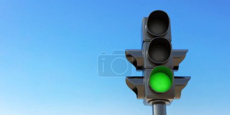 Safety travel on road concept. Traffic Light on pole, semaphore with green go signal on clear blue sky background, space for text. 3d render